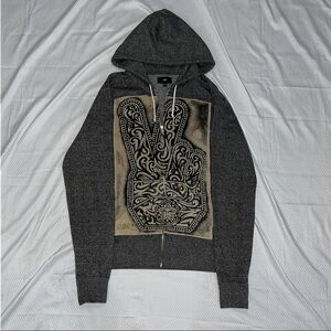 Retro Vintage Obey Gray Zip Up Sweater Peace Sign Graphic